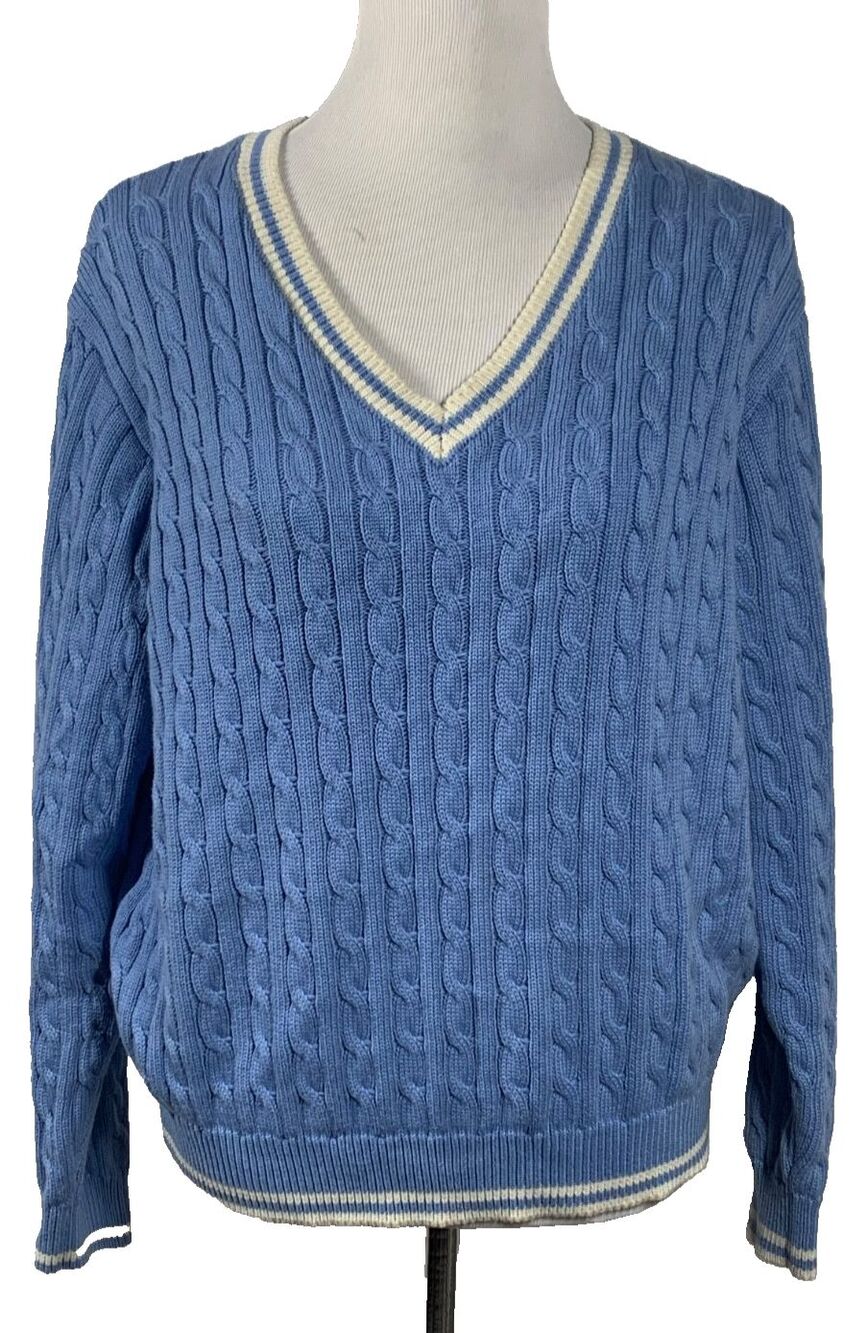 Brandy Melville J Galt Cable Knit Cotton Tennis Sweater Blue Preppy V-Neck O/S